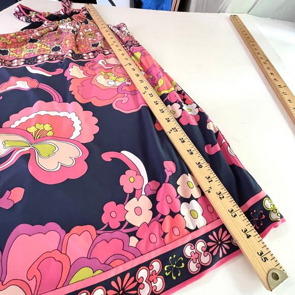 Trina Turk Floral Halter Mini Dress Sz 4 Lined Pink Navy Peach Retro Stretch - Picture 10 of 11